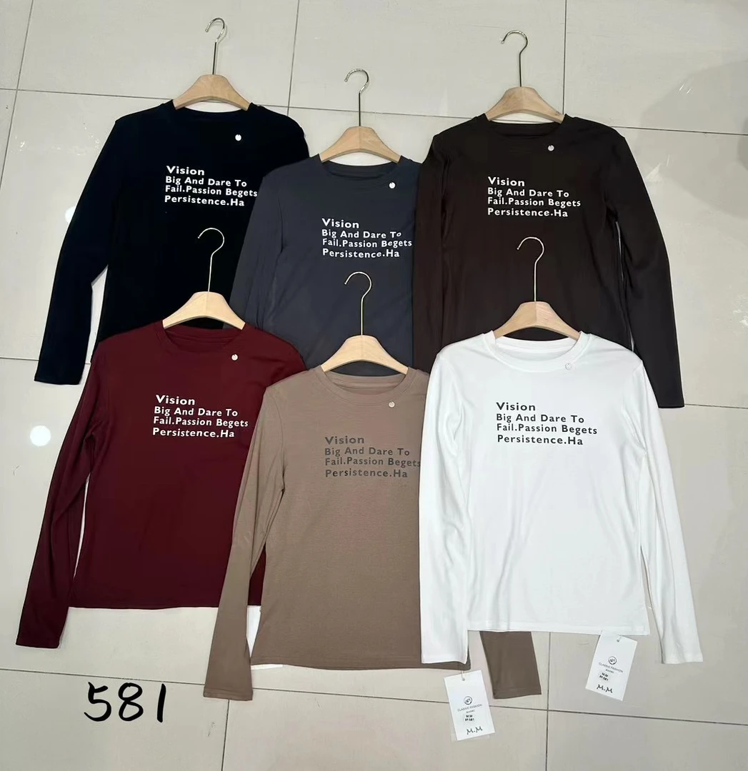 晨妹~圆领字母印花螺纹棉上衣581