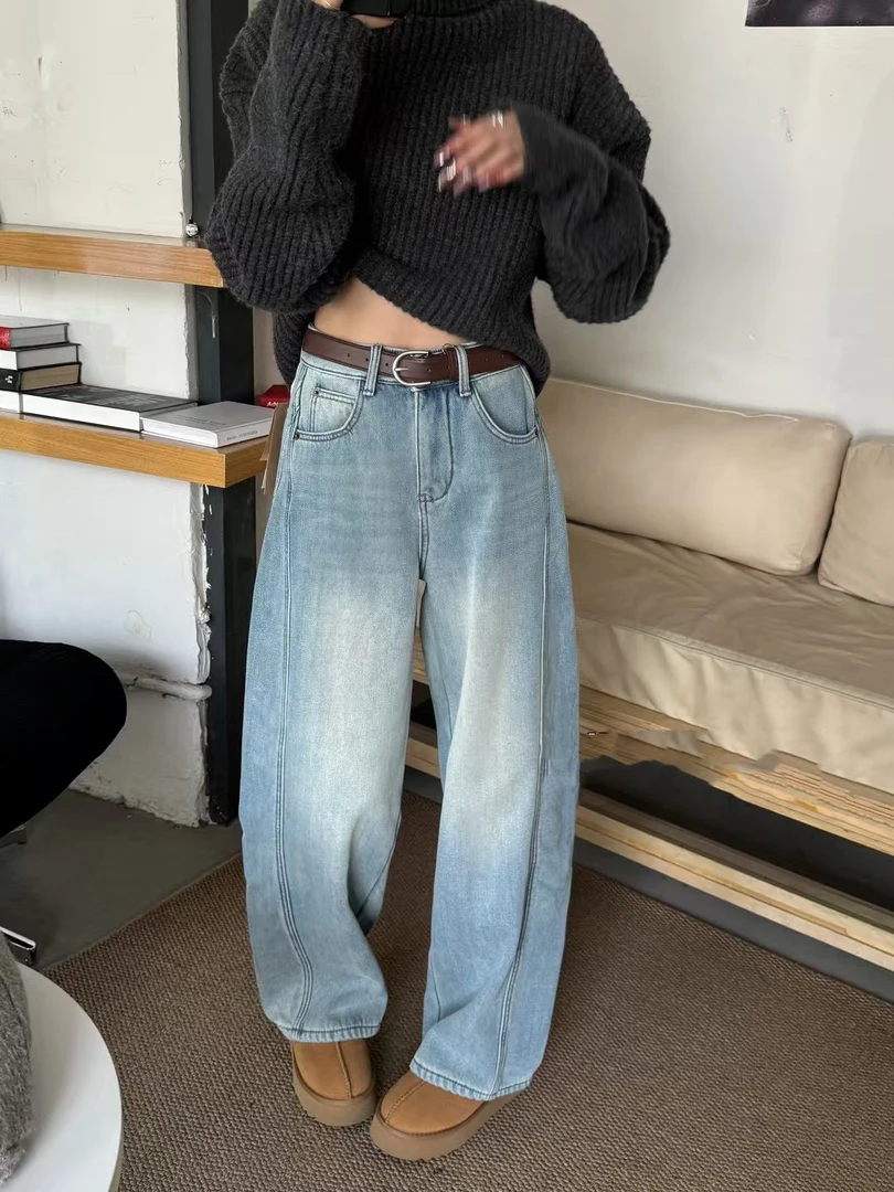 晨妹～欧货加厚加绒牛仔弯刀裤16686