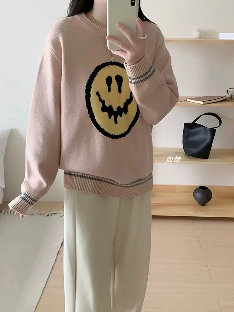 炸款～韩货加厚笑脸圆领毛衣25850