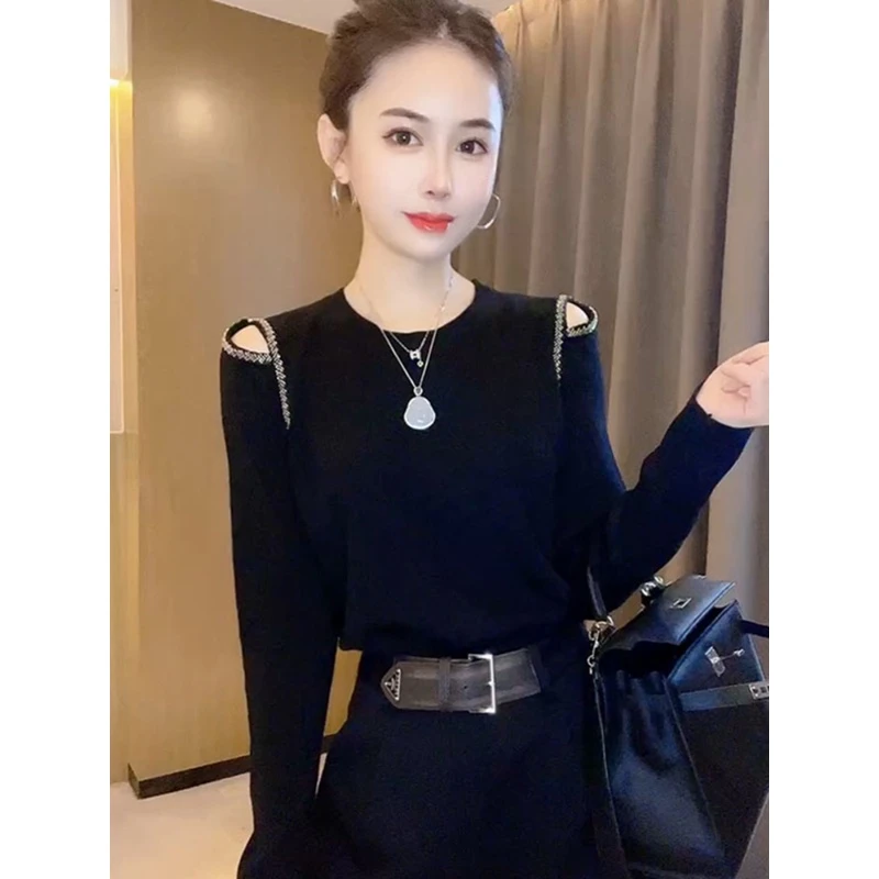 现货-显瘦洋气软糯秋冬圆领露肩针织衫女欧洲站长袖网红时尚C1-10