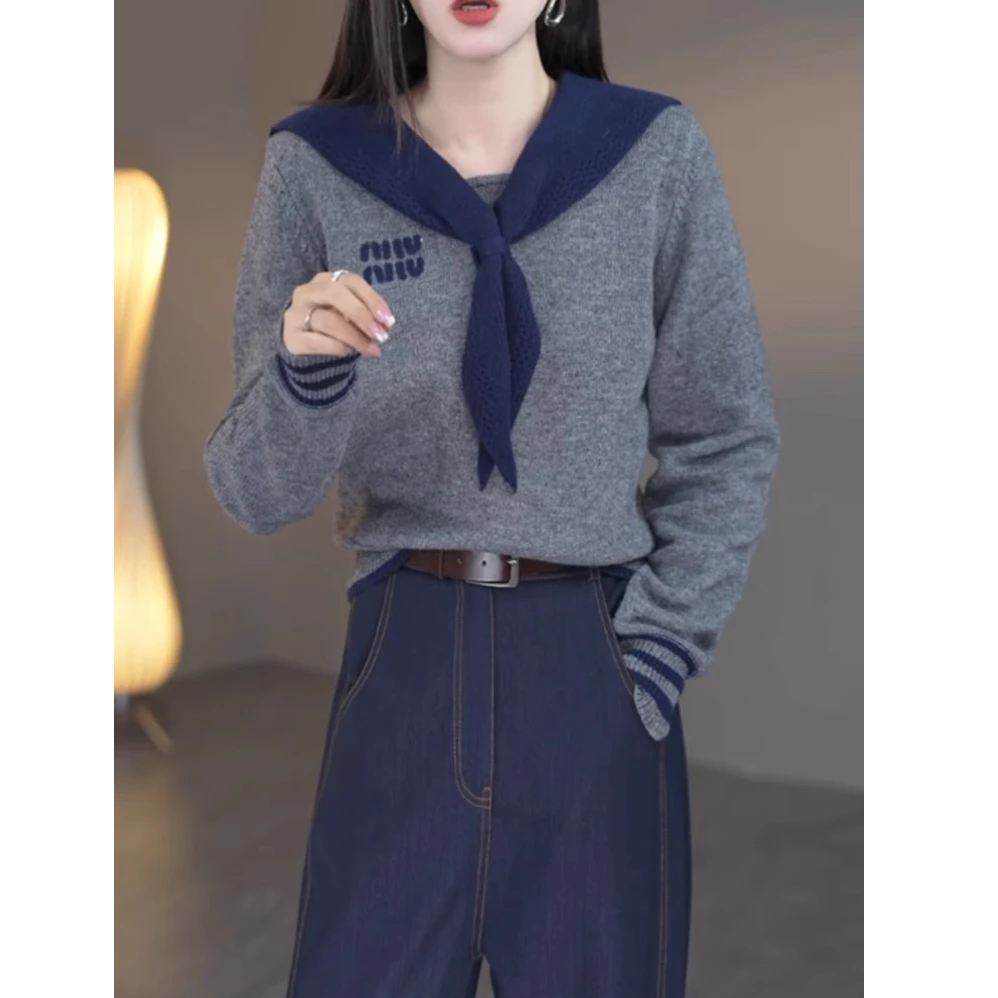 海军领假两件针织打底衫女秋冬2026新款上衣字母毛衣设计感G5-47