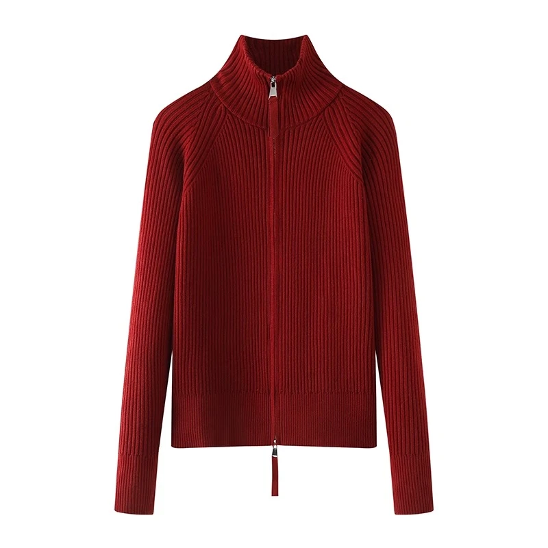 2025秋冬新款休闲百搭高领双拉链纯色坑条针织开衫时尚毛衣A6-22