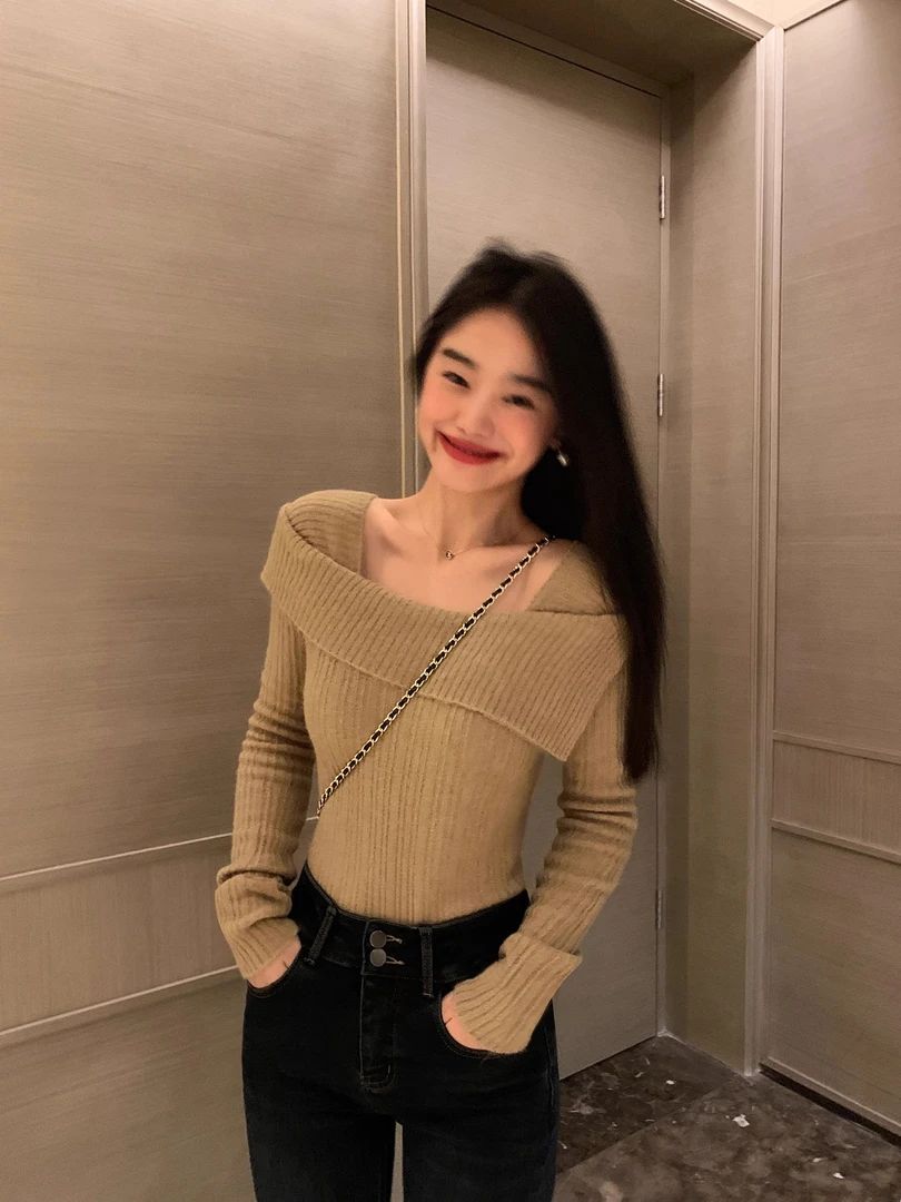 【现货】一字肩修身毛衣女针织衫秋冬外穿内搭气质显瘦高级衣C7-10