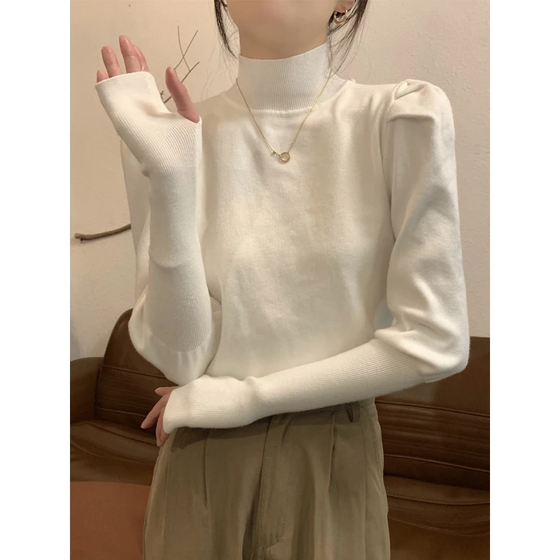 【现货】半高领针织打底衫泡泡袖毛衣秋冬内搭设计感小众别致A2-41