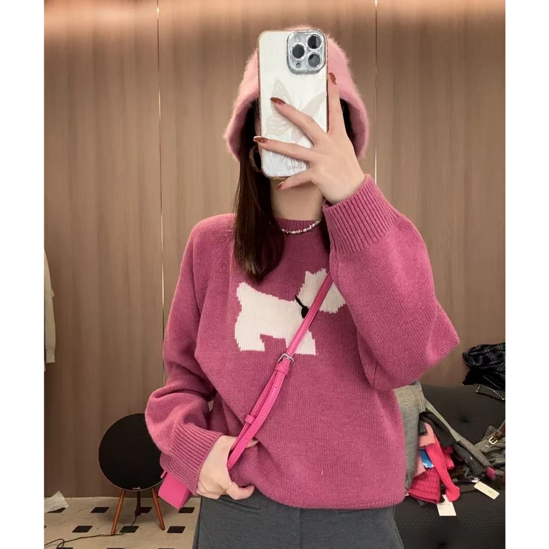 2025韩系百搭秋冬新款气质加厚白色小狗针织衫修身毛衣上衣H3-89