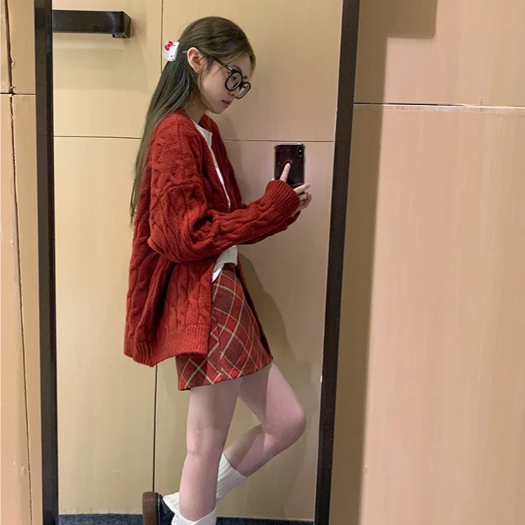 美拉德系列之复古麻花编织毛衣开衫韩版学院风长袖外套优1