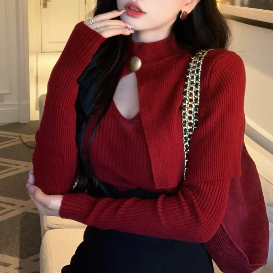 【现货】高级感毛衣女秋冬加厚洋气披肩针织百搭打底套头上衣A2-12