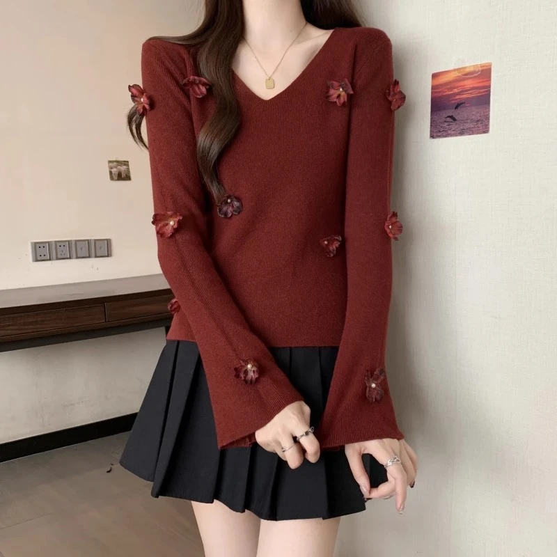 法式V领立体花朵2025春秋新款高级设计感小众打底衫外穿上衣F9-23