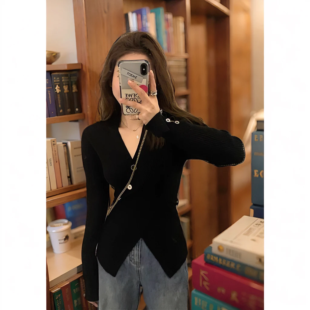 现货】纯欲显瘦纸片人V领毛衣交叉A4腰修身开叉套头针织衫A9-24