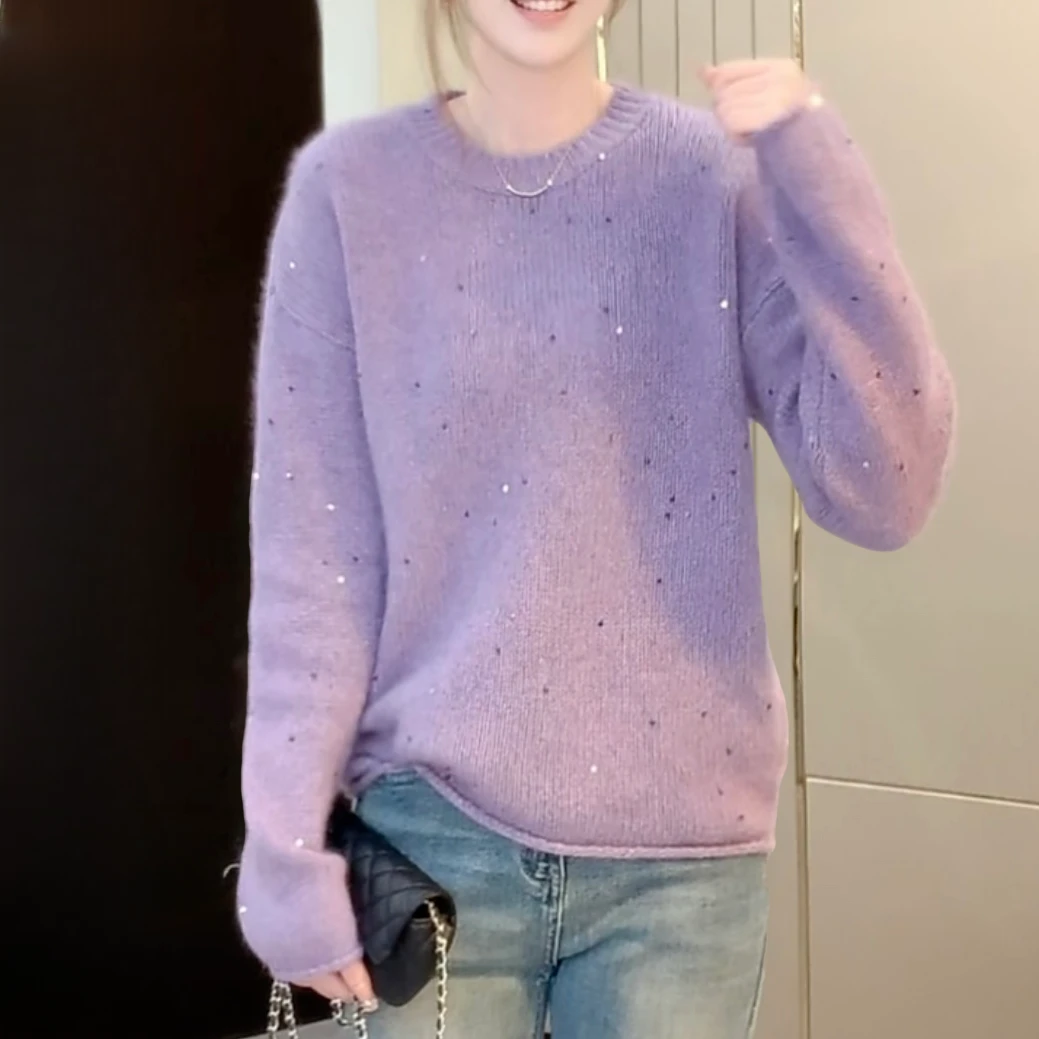 2025春季新款圆领宽松慵懒风针织衫高级感星空亮片毛衣上衣H5-23