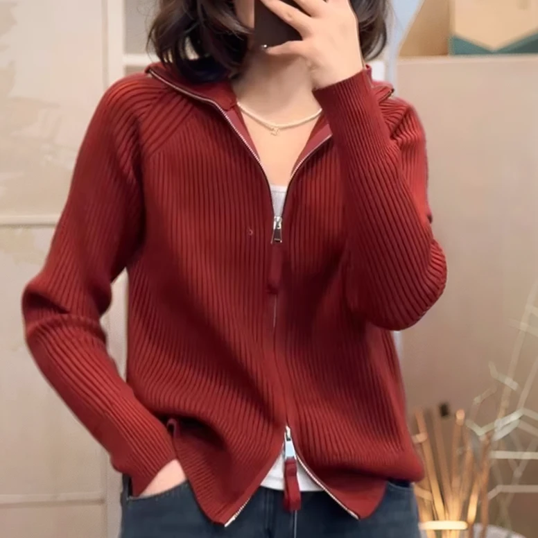 双拉链翻领针织开衫女秋冬2026新款宽松百搭显瘦毛衣外套A6-22