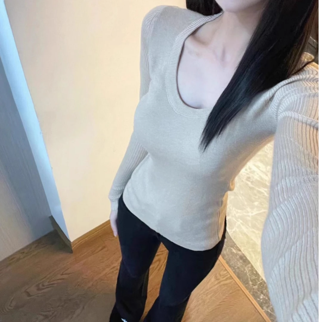 纯欲低领针织打底衫女秋冬新款长袖保暖内搭紧身修身上衣 D3-14