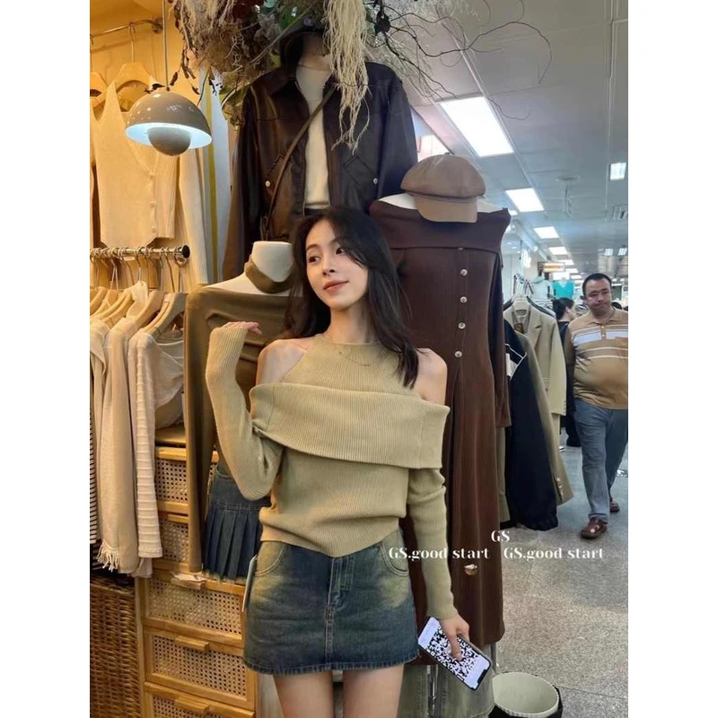 现货】秋冬新款设计感假两件露肩针织衫女外穿别致百搭高级感C8-30