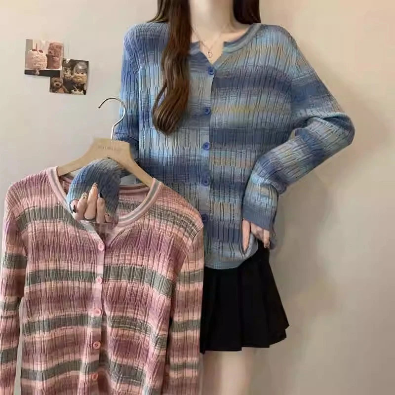 2025早秋冬新款彩虹条纹休闲长袖毛衣开衫外搭女针织衫上衣A3-60