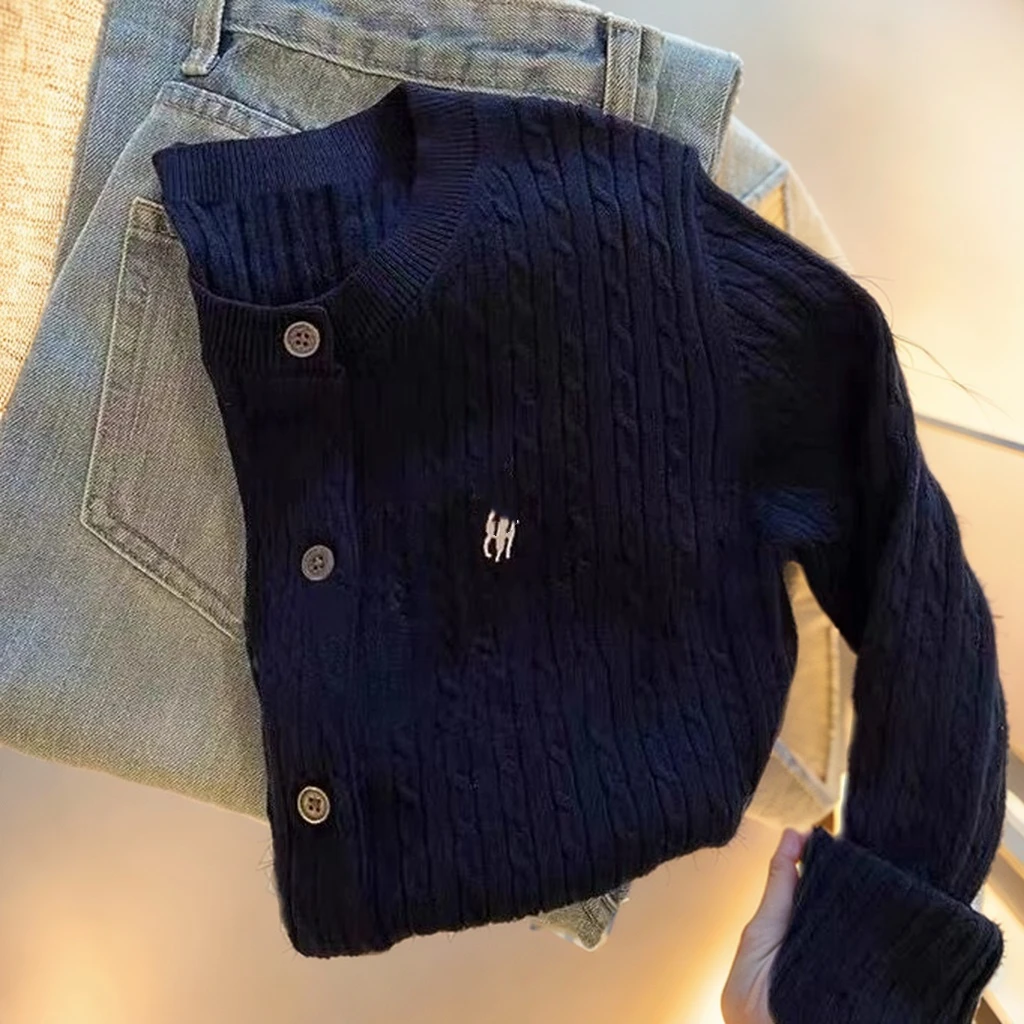 2024年秋冬新款针织加厚开衫胸前战马刺绣麻花休闲女款宽松B5-10