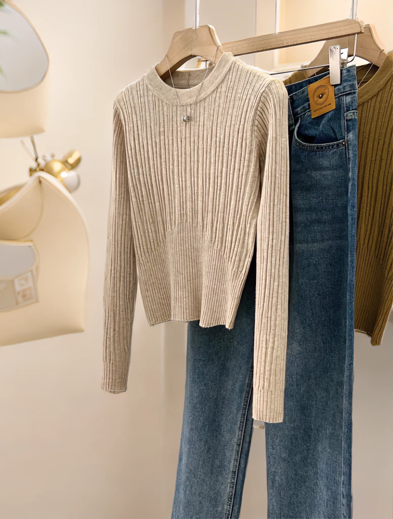 现货】别致圆领打底衫女秋冬2023新款高级感毛衣内搭长袖针织D7-12