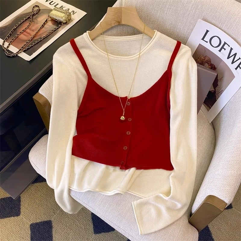 辣妹假两件红色吊带长袖针织衫女士2025春秋季新款内搭上衣F7-93