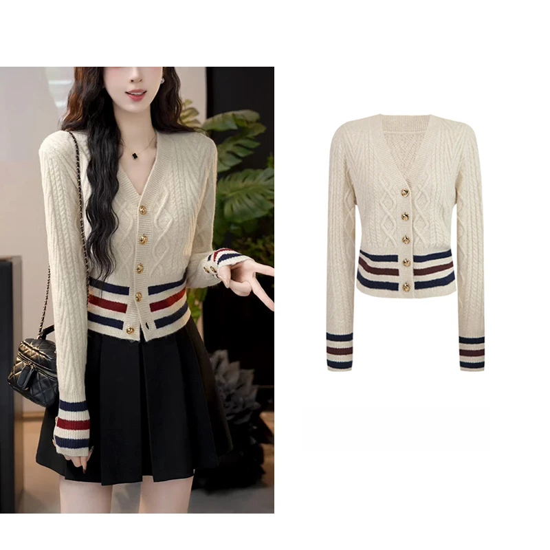 法式复古小香风条纹撞色V领针织衫2025秋冬新款百搭气质毛衣H3-77