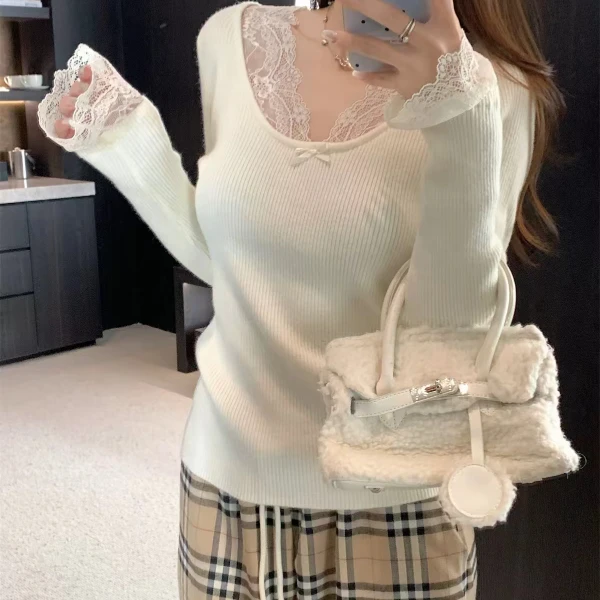 纯欲风蕾丝拼接针织衫女秋冬新款修身显瘦性感打底毛衣上衣F6-48