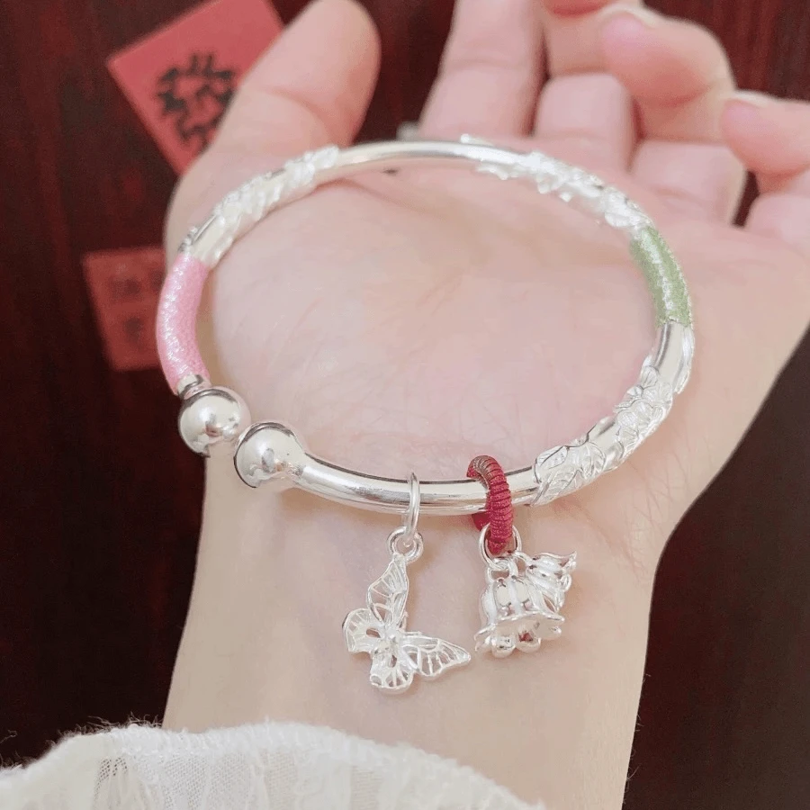 足银手镯 足银999.9蝴蝶铃兰花纯银开口年轻款送女友闺蜜礼物670