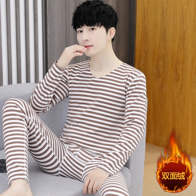 秋冬时尚青少年无痕德绒条纹秋衣秋裤套装男士防寒保暖内衣打底衫