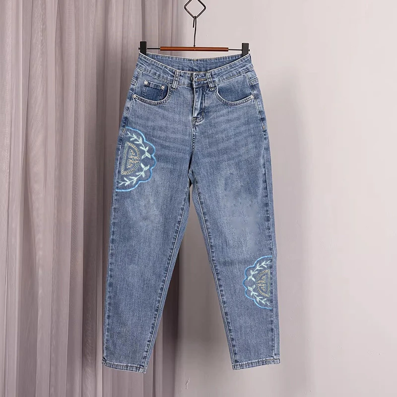 八分牛仔裤女夏季薄款高腰宽松显瘦刺绣小个子九分哈伦裤铅笔女裤