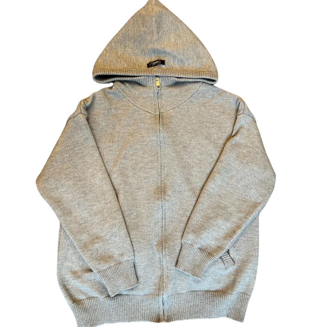 针织绵羊绒时尚女款秋冬开衫带帽灰色休闲长袖连帽衫运动半拉链