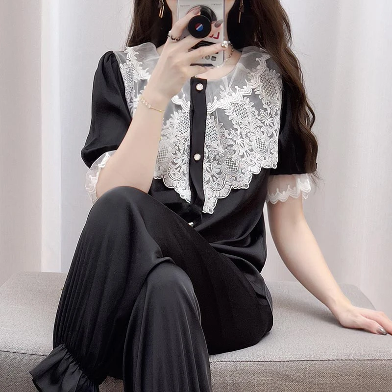 tpvl直播推荐法式蕾丝花边甜美睡衣女夏冰丝短袖宫廷公主家居服薄