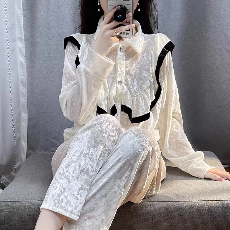 tpvl轻奢高级钻石丝绒睡衣女秋冬长袖法式小香风甜美睡衣家居服