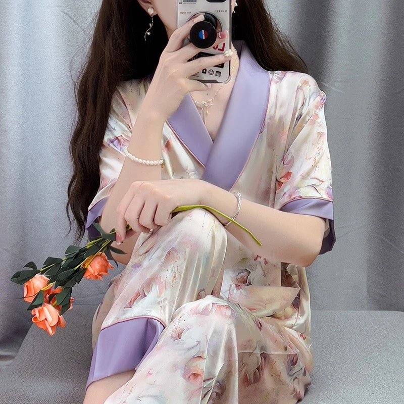 tpvl新中式国风印花高级感睡衣女夏季冰丝短袖长裤套装家居服紫色