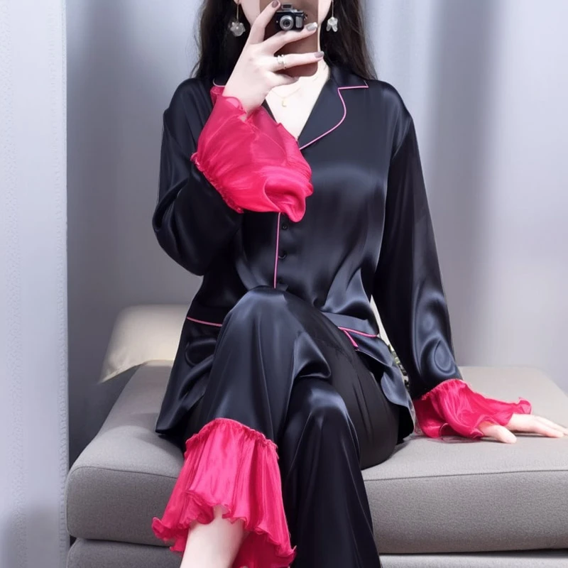 tpvl2024新款水光绸睡衣女春秋长袖黑色时尚可外穿家居服撞色套装