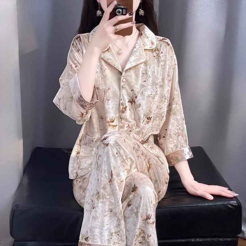 tpvl中国风设计钻石丝绒睡衣女春秋冬季家居服可外穿七分袖高级感