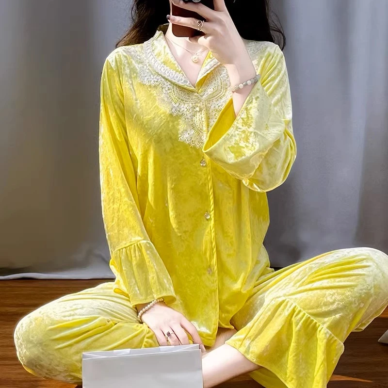 TPVL旗舰正品钻石丝绒金色睡衣女士秋冬套装家居服2025新款爆款