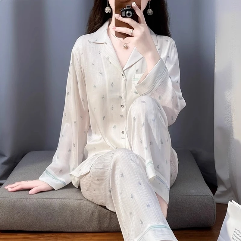 tpvl品质水光绸睡衣女春秋季长袖家居服套装可外穿白色冰丝薄款