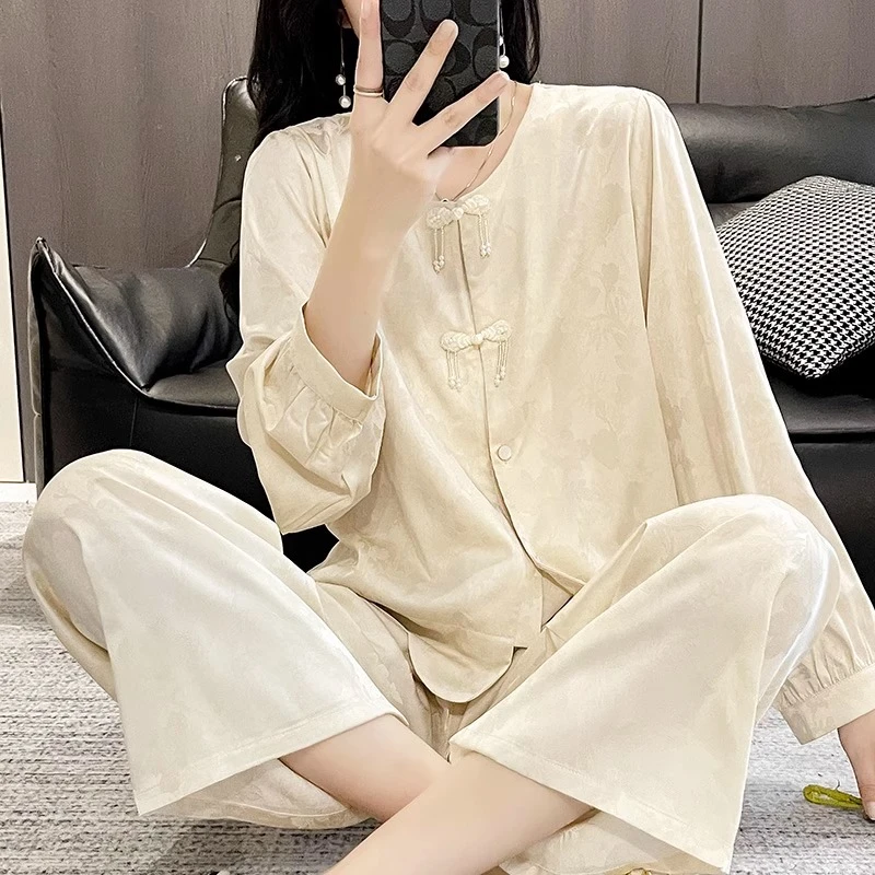 tpvl新中式国风睡衣女春秋长袖套装家居服新款丝绸冰丝薄2025新款