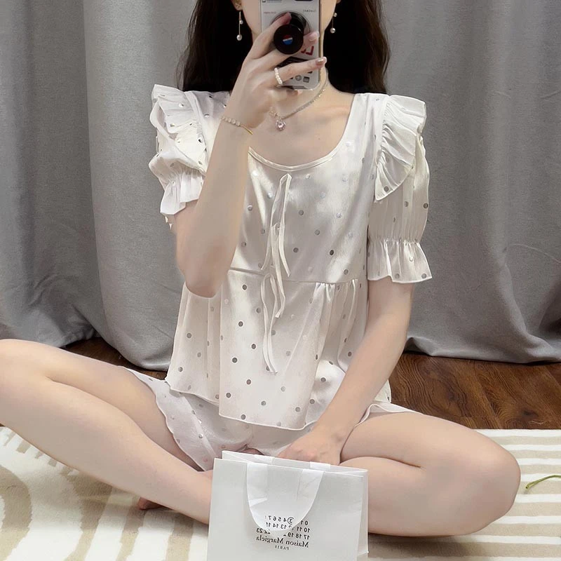 tpvl网红甜美法式圆领睡衣女夏荷叶边冰丝波点短袖短裤外穿家居服