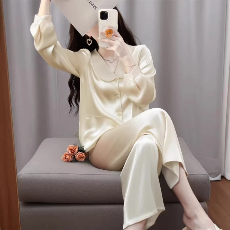 tpvl高级感贡缎简约睡衣女春秋套装长袖娃娃领甜美家居服纯色杏色