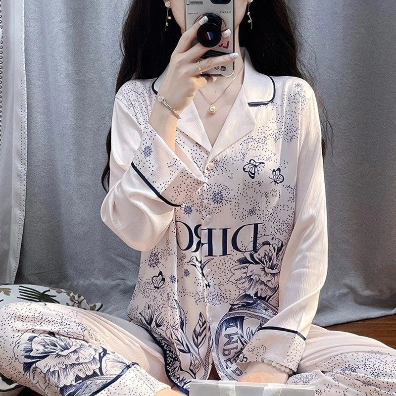 tpvl高级感轻奢睡衣女士春夏长袖印花套装2024新款家居服宽松简约
