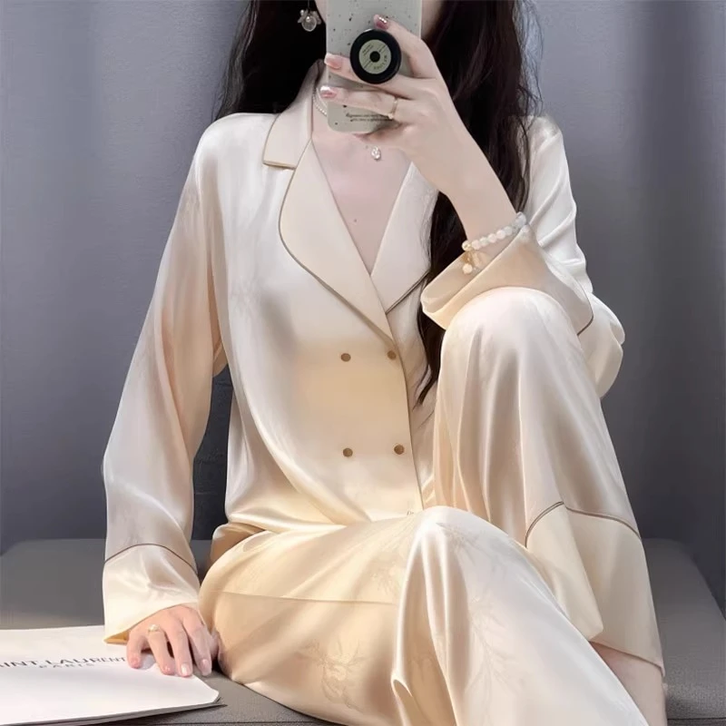 tpvl气质睡衣女款爆款2025新款夏季长袖套装薄款冰丝家居服女杏色