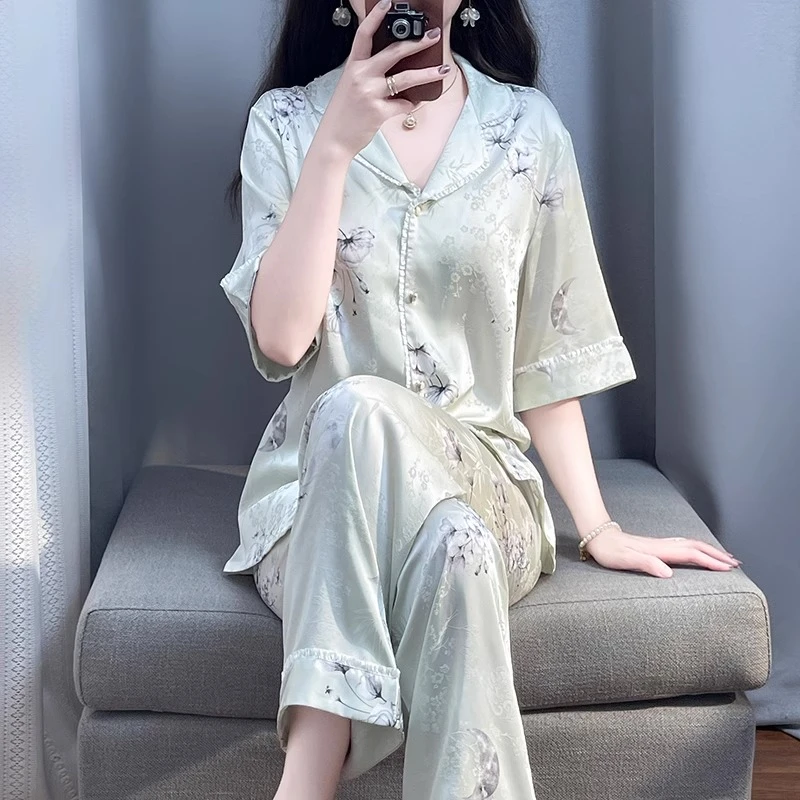 tpvl水光绸提花睡衣女夏短袖长裤花边花卉冰丝薄款家居服套装新款