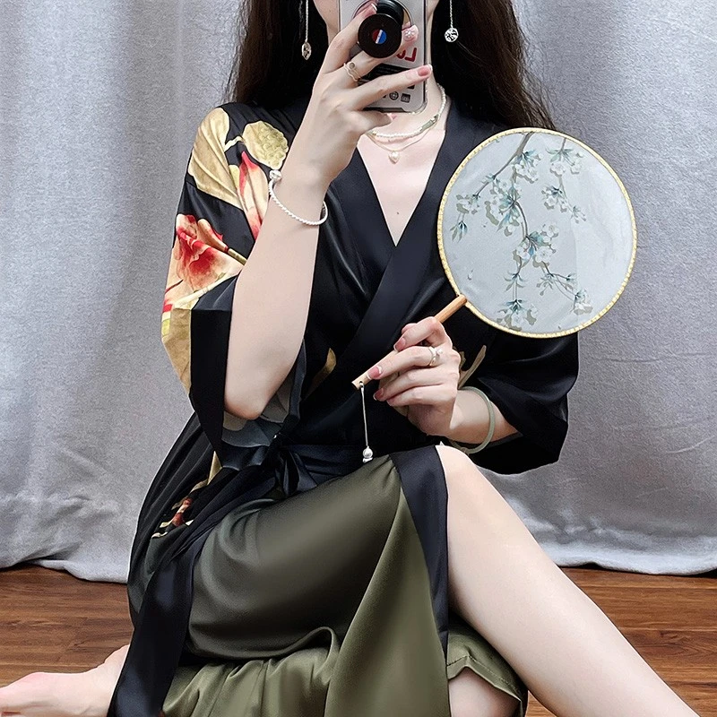 tpvl高级感日系和服式睡裙浴袍女春夏冰丝黑色系带中长款过膝睡衣