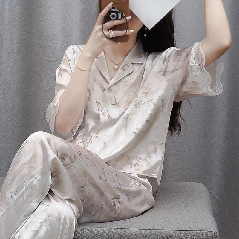 tpvl蔷薇花开印花睡衣女夏季短袖高级感蕾丝边外穿甜美冰丝家居服