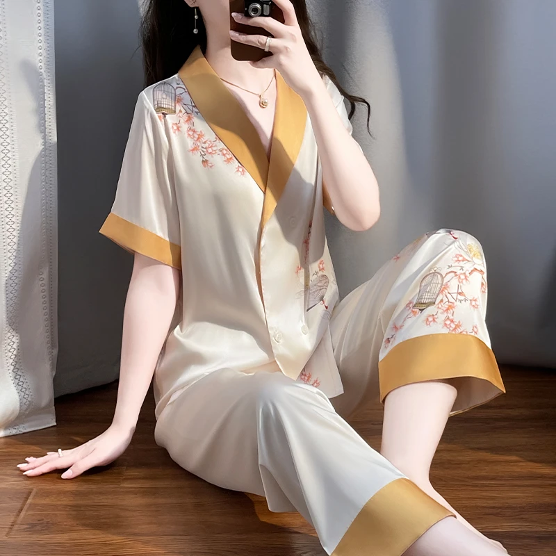 tpvl旗舰品质水光绸睡衣女夏季短袖长裤冰丝薄款长裤家居服套装