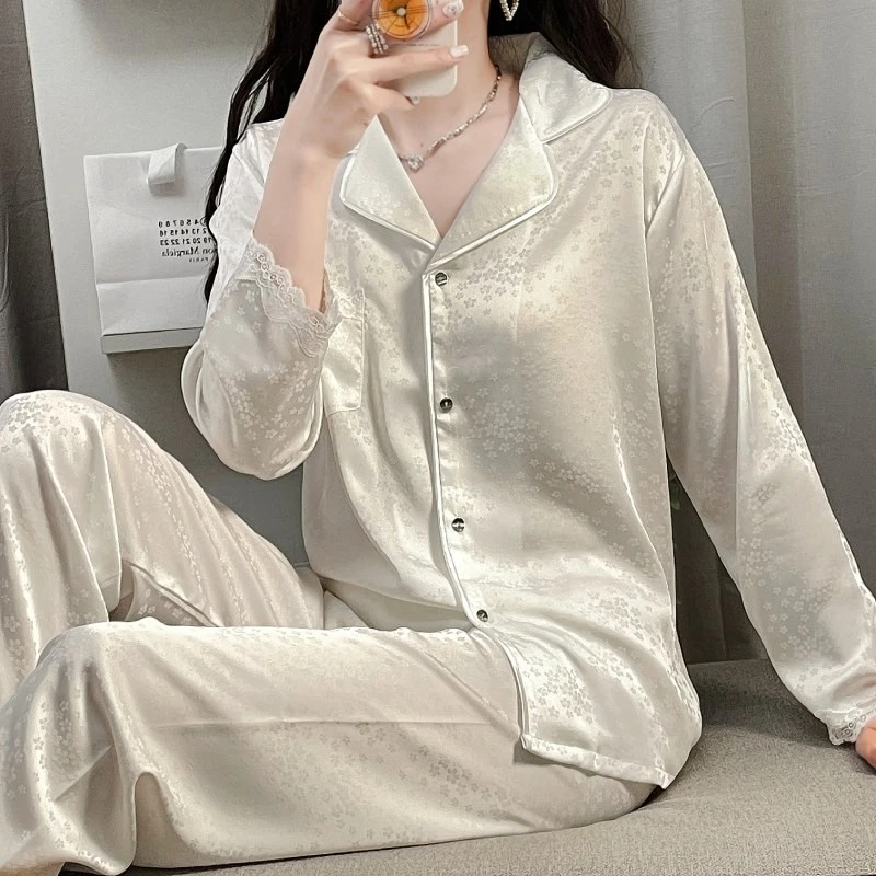 tpvl直播推荐暗纹提花睡衣女蕾丝边长袖家居服甜美夏季薄款冰丝绸