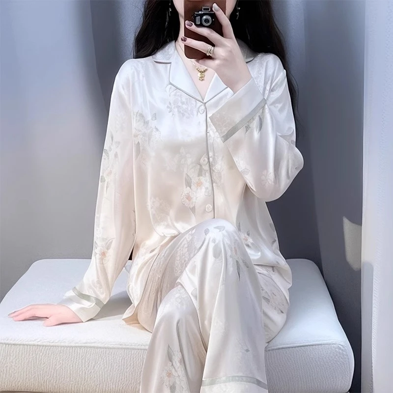 tpvl素雅提花水光绸睡衣女士春秋气质长袖套装家居服冰丝薄款秋季