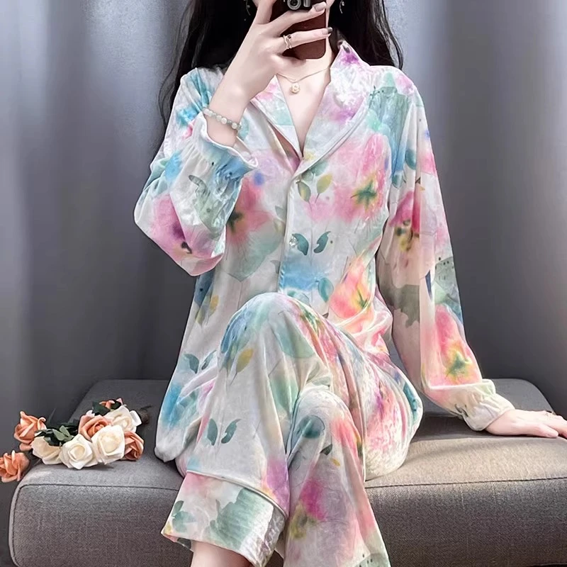 tpvl轻奢甜美钻石丝绒睡衣女士秋冬季长袖外穿家居服2025新款花卉