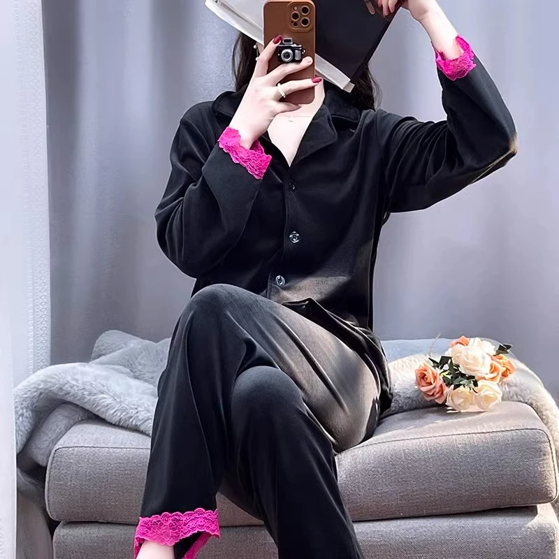 tpvl海岛绒撞色睡衣女秋冬时尚黑色高级感家居服可外穿网红风春秋