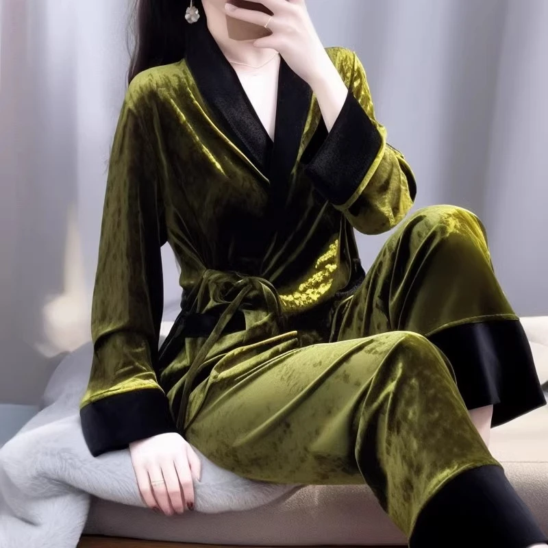 tpvl高级感丝绒浴袍两件套睡袍睡衣女秋冬季系带长袖长裤家居服