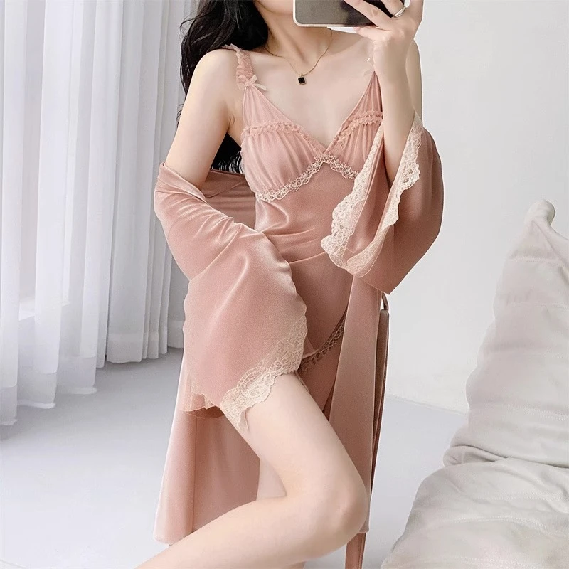 tpvl高级感丝绒带胸垫吊带睡裙女秋冬V领蕾丝纯欲性感睡衣两件套