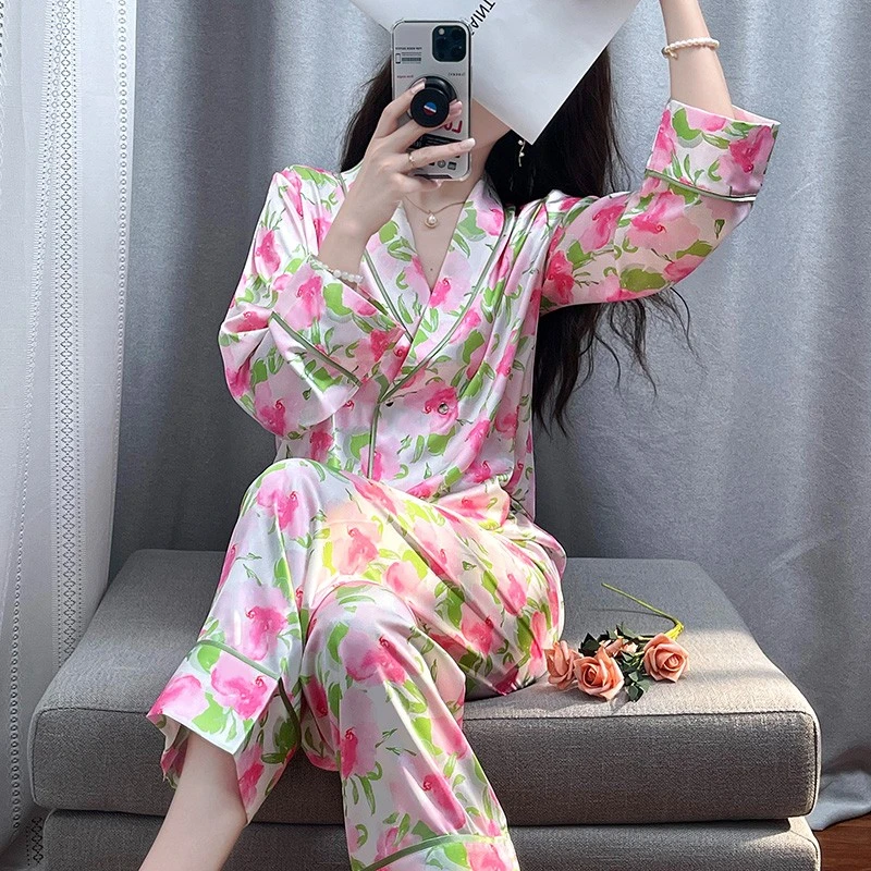 tpvl轻奢高级感花色睡衣女长袖春秋夏冰丝花卉印花套装家居服宽松